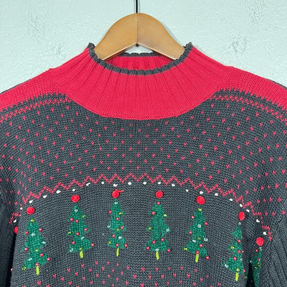 Villager Sport Classic Christmas Sweater Cowl NEck Black Red Tree Knit - XL - Picture 4 of 6